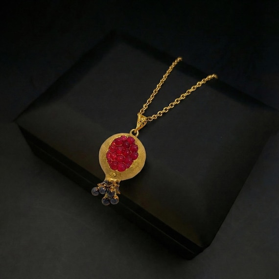 24k Gold Plated Pomegranate Necklace with Ruby Quartz | Hollow Brass Fruit Pendant | Unique Statement Jewelry | Abundance Symbol