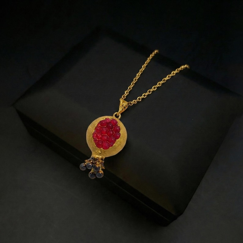 24k Gold Plated Pomegranate Necklace with Ruby Quartz | Hollow Brass Fruit Pendant image 1