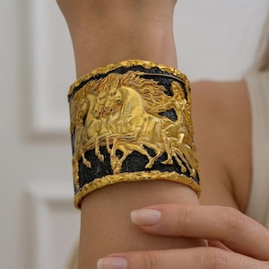 Ancient Warrior and Horses Cuff Bracelet, 24K Gold Plated Brass Statement Jewelry, Mythology Two Tone Bangle, Horse Relief Cuff