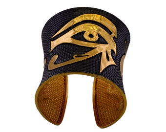 Eye of Horus, Cobra, Ankh: Wide Cuff Bracelet - Mystical Fusion of Ancient Egyptian Symbols. morhers gift