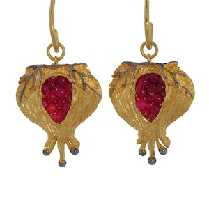 24K Gold Pomegranate Earrings: Ruby Quartz, Ottoman Armenian Jewelry