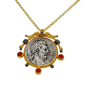 Roman Coin Necklace with Coral Stones Historical,24K Gold Plating–Customizable Chain Length-Ancient Roman,latin jewelry with Gold Coin Charm