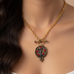 Two Tone Pomegranate Necklace: Gold Black Rhodium Brass Pendant, Fertility Symbol Jewelry