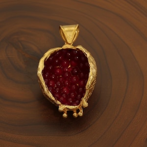 Ottoman Pomegranate Necklace, 24K Gold Plated Brass, Ruby Quartz Symbol Abundance Cultural Heritage