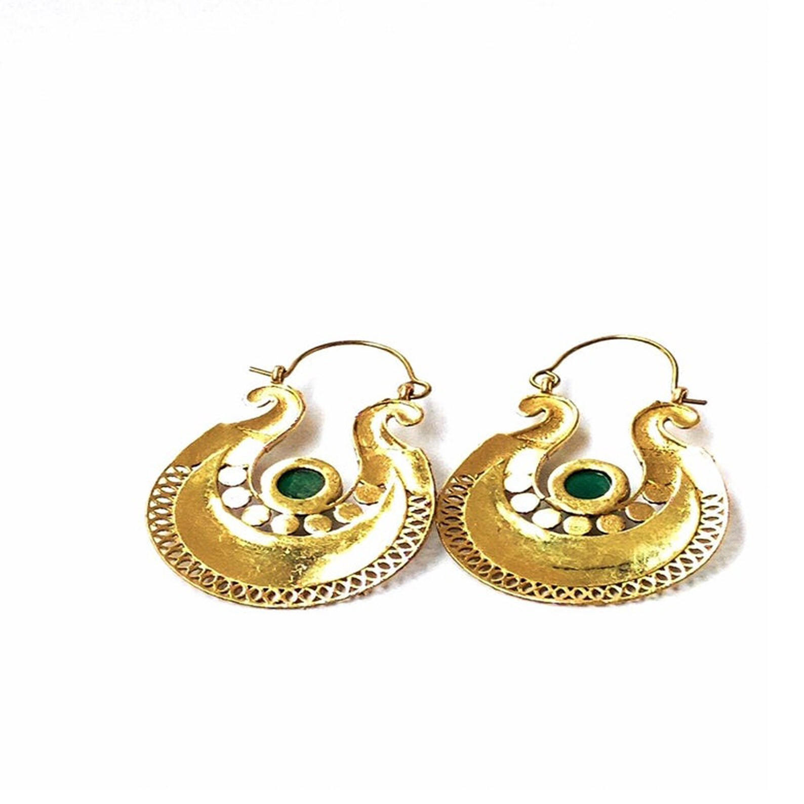 Gold Gypsy Earrings Gypsy Hoop Earrings Earrings Green Stone Etsy