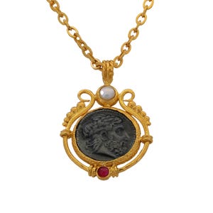 Gold Ancient Coin Necklace: Pearl & Ruby Quartz Pendant
