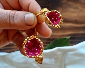 Gold Pomegranate Bracelet Hammered Wire 24K Gold Plated Brass Tulip Accents Ottoman Inspired Statement Jewelry