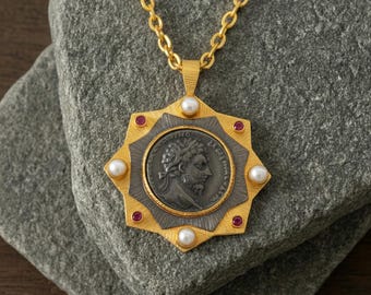 Gold Coin Pendant Necklace with Pearls and Rubies Medieval Style