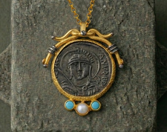 Ancient Coin Necklace 24K Gold Plated Brass with Turquoise and Pearl Byzantine Hellenistic Medieval Statement Jewelry