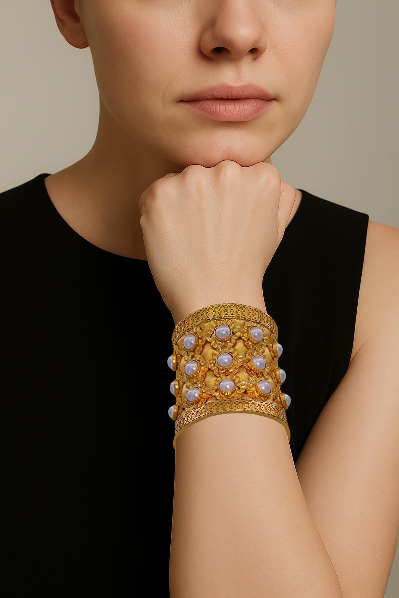 Gold Cuff Bracelet with Pearls – Handmade 24K Gold Plated Brass Bangle, Wide Artisan Statement Jewelry, Vintage Victorian Style