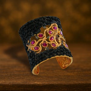 Cuff Bracelet – Mini Rose Wide, Handcrafted Golden Design with 10 Radiant Rubies, 24K Gold Plating & Mixed Metal Jewelry Elegance