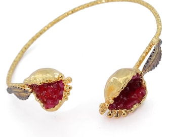 Gold Plated Pomegranate Bracelet, Fertility Symbol Jewelry, Turkish Cuff Bangle, Adjustable Good Luck Charm