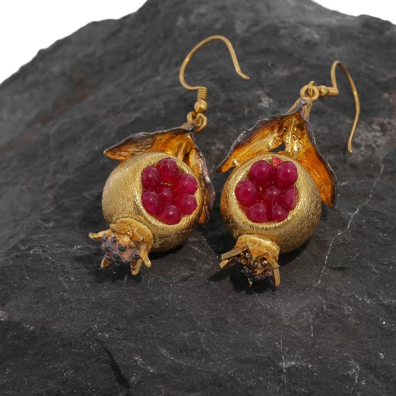 Pomegranate Earrings pomegranate Jewelry dangle Bronze Gold Plated