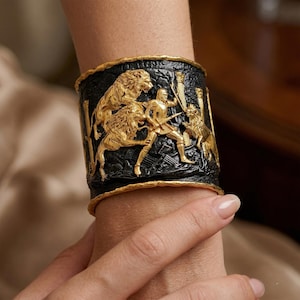Knight vs Lions Brass Cuff Bracelet: 24K Gold Plated Black Rhodium Gladiator Arena Statement Jewelry