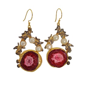 Red Druzy Drop Earrings: 24k Gold, Akoya Pearl Maple Leaf Jewelry