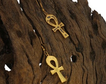 Ankh Earrings 24K Gold Plated Brass with Black Rhodium Egyptian Cross Symbol Ancient Mythology Jewelry