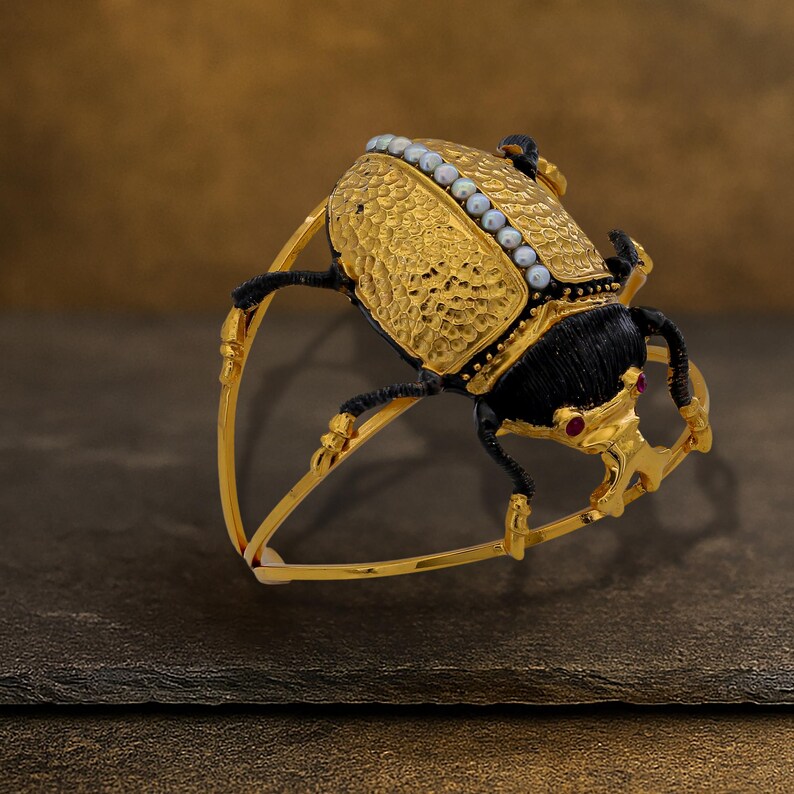 Scarab Beetle Cuff Bracelet – Gold Plated with Ruby Eyes and Pearl Accent