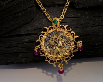 Roman Coin Necklace 24K Gold Plated Ancient Medallion with Ruby Quartz and Emerald Accent