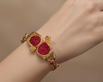 Pomegranate Bracelet 24K Gold Plated Brass with Ruby Quartz Rhodium Accent Spring Bangle Jewelry