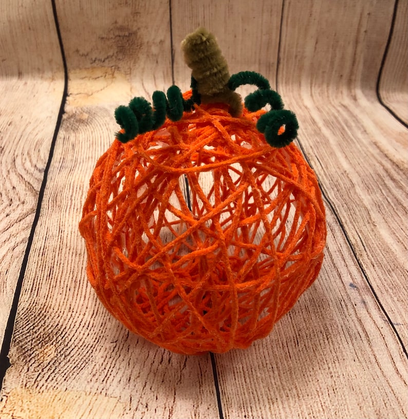 May include: Orange yarn pumpkin with green pipe cleaner stem and leaves.