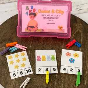 Kit de actividades para contar y recortar números, aprendizaje preescolar, preparación para el jardín de infantes, conteo, reconocimiento de números, colecciones de conteo
