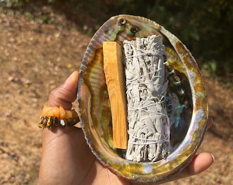 White Smudge Stick | Large Abalone Shell | Palo Santo | Smudge Kit | Cleansing Energy Clearing Smudging Smudge Bundle