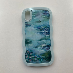 Hand Painted Phone Case | Monet Water Lilies | Acrylic | iPhone X XS Max XR 11 12 13 14 Pro Max | Wave Frame | Shockproof | Pastel Colors