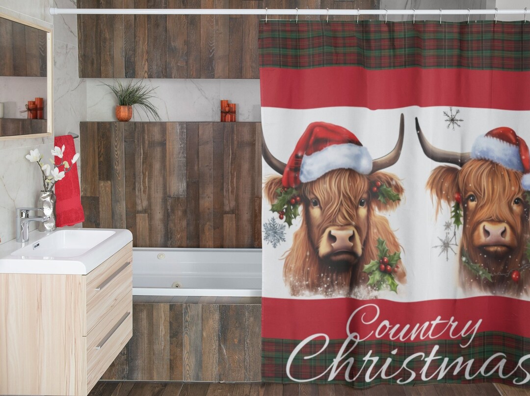 Highland Cows Country Christmas Shower Curtain Christmas Etsy