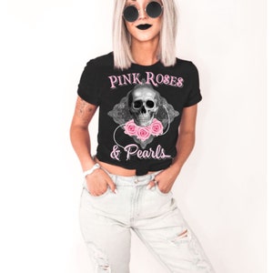 Pink Roses and Pearls, Skull Tee for Women, Halloween Shirt, Biker Shirt for Women, Halloween T-Shirt, Gift, Halloween Party Top, Cute Tee image 1