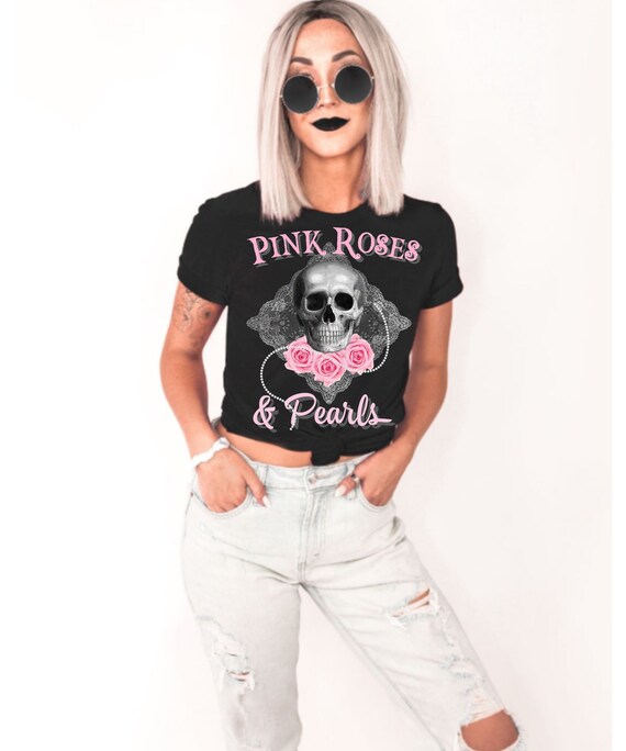 Pink Roses and Pearls, Skull Tee for Women, Halloween Shirt, Biker Shirt for Women, Halloween T-Shirt, Gift, Halloween Party Top, Cute Tee
