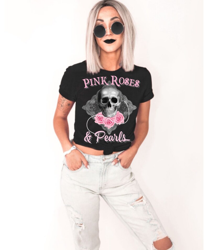 Pink Roses and Pearls, Skull Tee for Women, Halloween Shirt, Biker Shirt for Women, Halloween T-Shirt, Gift, Halloween Party Top, Cute Tee image 1