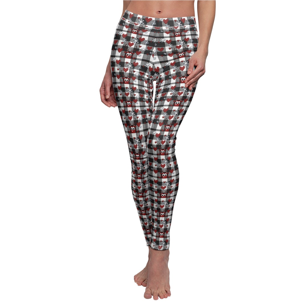 Black and White Buffalo Plaid Christmas Leggings, Women's Christmas