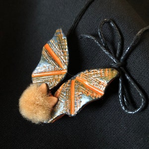 Pom Pom “Painted Wooly Bat” Necklace, Fall jewelry, furry woodland animal, quirky, Ms Frizzle weird animals, soft goth, Halloween jewelry