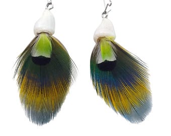 Handmade Real Parrot Feather Sea Shell Dangle Earrings