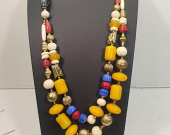 Large Chunky Tribal Bead & Brass Necklace Double Strand Faux Amber Glass Beads