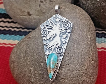Whimsical Handmade Sterling Silver Fairy Pendant Necklace Turquoise Moon Stars