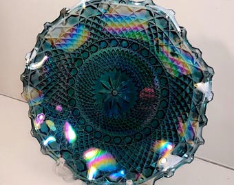 Vtg Iridescent Windsor Blue Carnival Glass Bowl Indiana Glass 10 1/2"