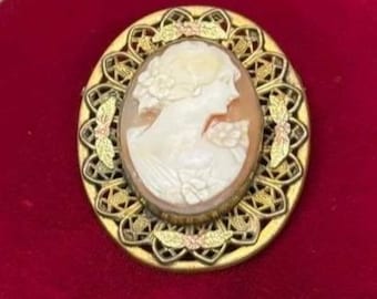 Vintage ALLCO Alfred L. Lindroth Co Shell Cameo Locket Pendant Brooch