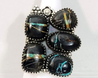 Sterling Silver Blackjack Turquoise 5-Stone Cluster Statement Ring Adjustable