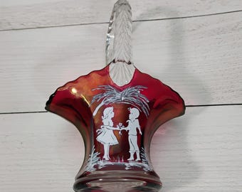 Westmoreland Mary Gregory Style Cranberry Red Glass Basket w/Sticker 7"