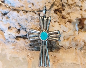 Vtg Navajo Sand Cast Sterling Silver Turquoise Cross Pendant Necklace 19" Chain