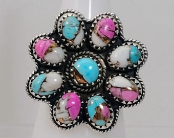 Sterling Silver Cotton Candy Turquoise flower Cluster Ring Adjustable