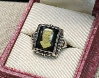 Uncas Sterling Silver 1930s Sweetheart Photo Mourning Prison Ring Size 6.5 Art Deco