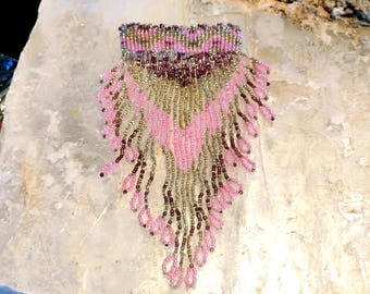 Handmade Seed Bead Hair Clip Barrette Dangle Fringe Pink Purple 6" Long