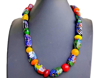 Vtg Italian Venetian Millefiori Glass African Trade Bead Necklace 20"