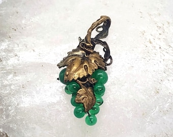 Vintage Green Jade Bead Grape Cluster Pendant w/Gold Tone Brass Leaves Detail 2"