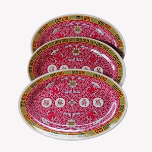 Set Of 3 Vtg Chinese Longevity Pattern Melamine Oval Platters 14" Tar-Hong