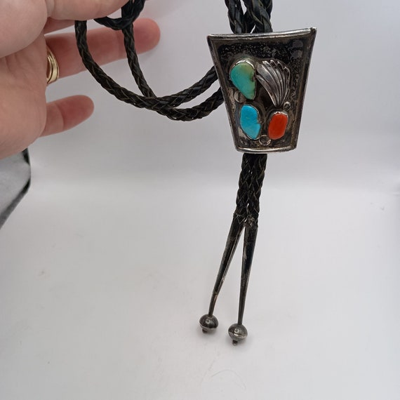 Vintage Bennett Bolo Tie Turquoise Coral Sterling… - image 5