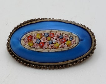 Vintage Estate Micro Mosaic Brooch Italy Oval Glass Cased Floral Oval 1 3/8"