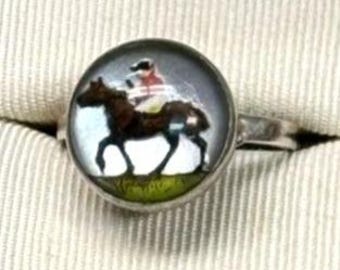 Vtg Sterling Silver Reverse Painted Essex Glass Horse Jockey Ring Adjustable